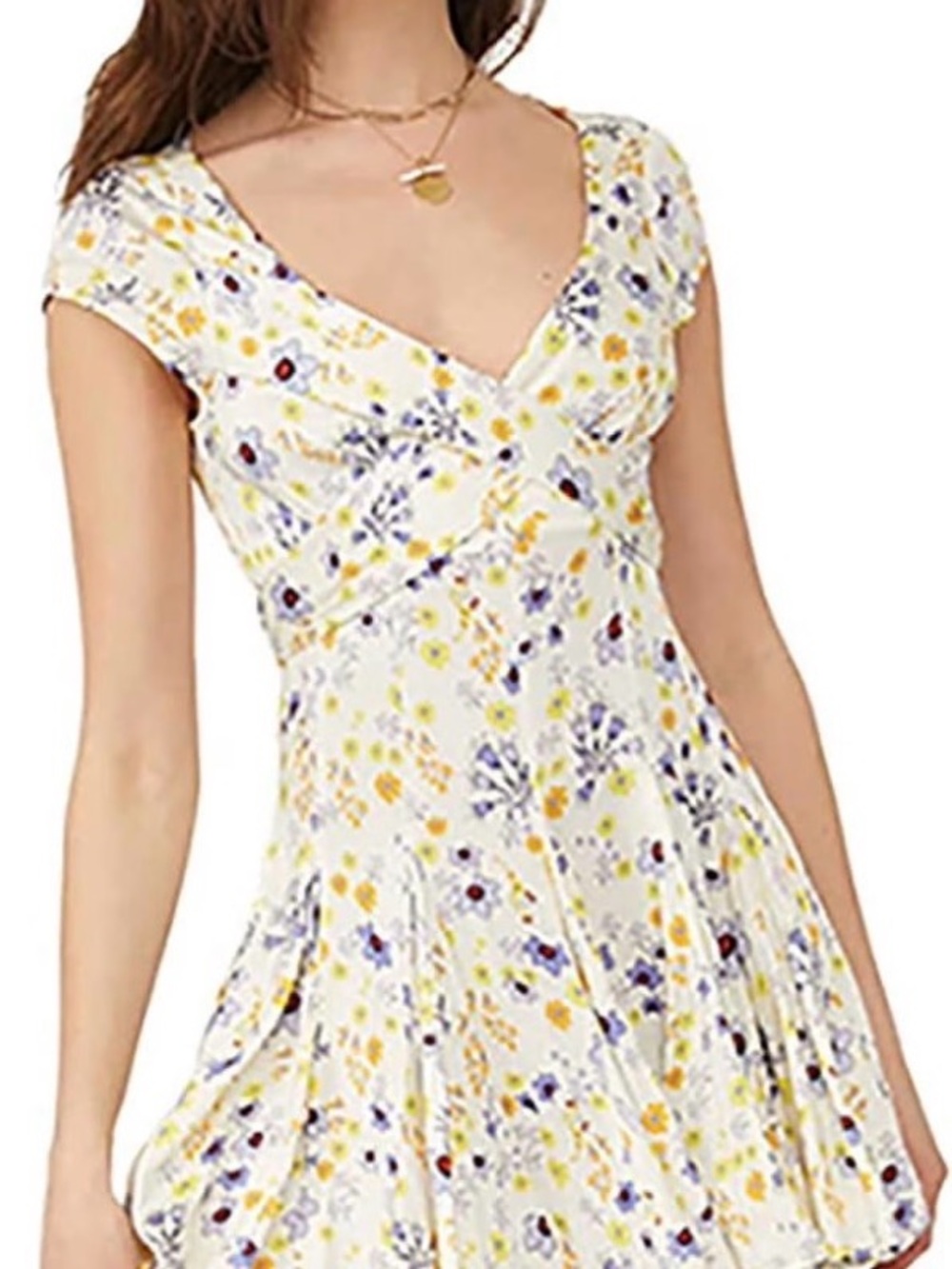 Free People White Floral V-Neck Mini Dress with Yellow and Purple Accents